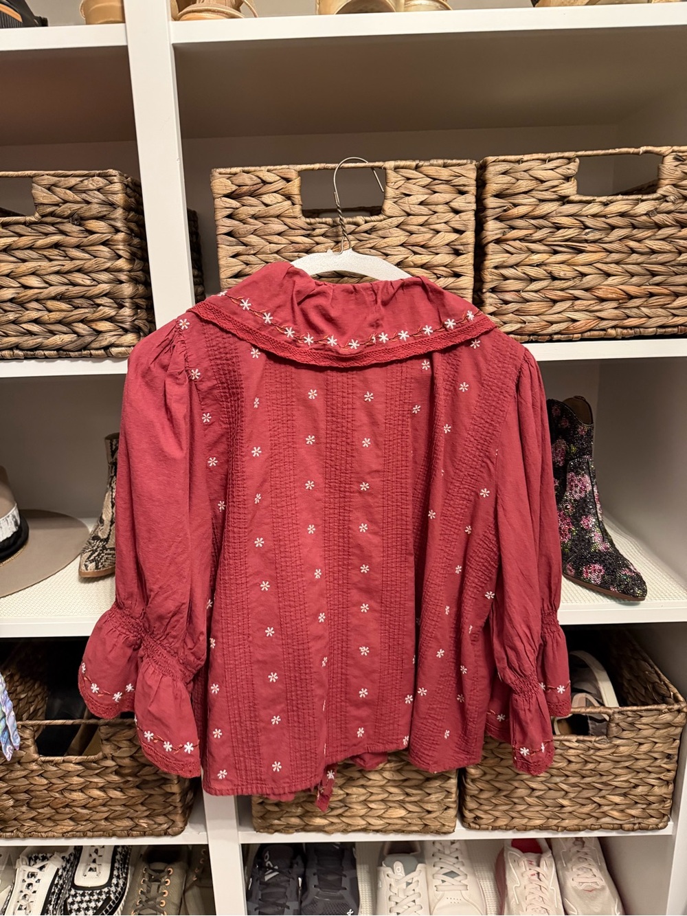 Embroidered Ruffle-Front Blouse in Rose-Red - Picture 3 of 3